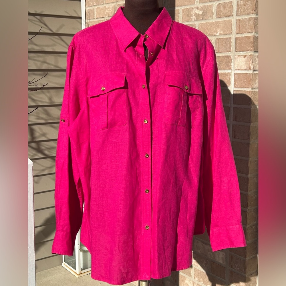 RALPH LAUREN s2X 💯linen button down shirt-looks new-gorgeous azalea 🌺 pink!